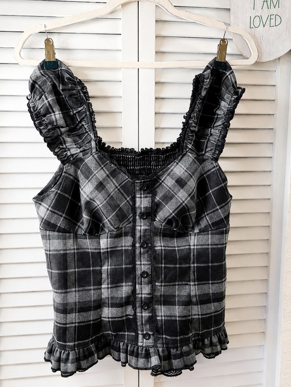 Y2k Inspired Plaid Ruffle Shoulder Lace Trim Corset Top Gray Black Medium